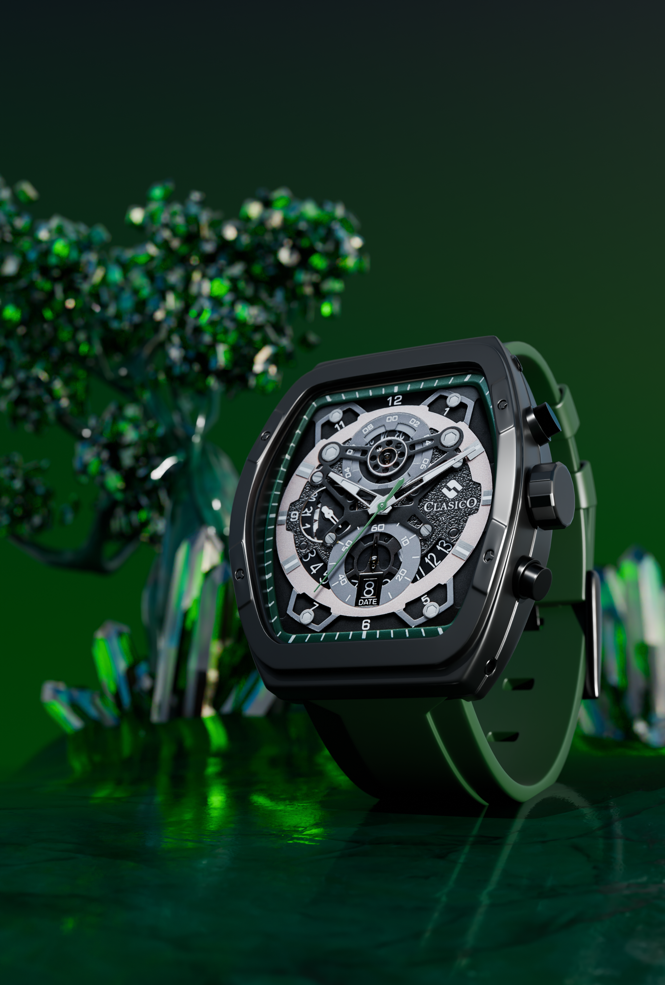 A dynamic shot of the Opulent Collection Verde Mist watch emerging from a turquoise water splash, showcasing its robust 3 ATM water-proof design and vibrant green silicone strap.
