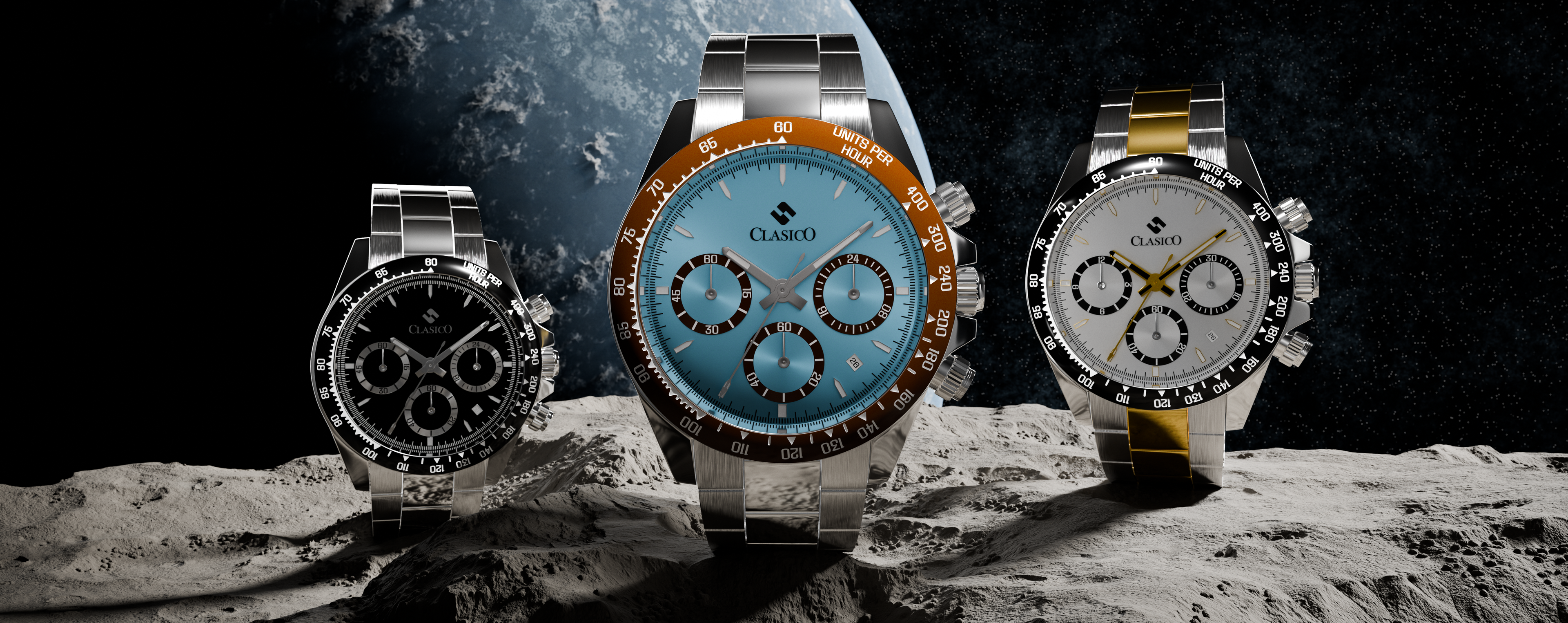 A high-end Clasicio Astronova collection watch featuring an intricate skeletal gold-tone movement and a premium midnight blue alligator-style leather strap, set against a dramatic deep-space cosmic background.