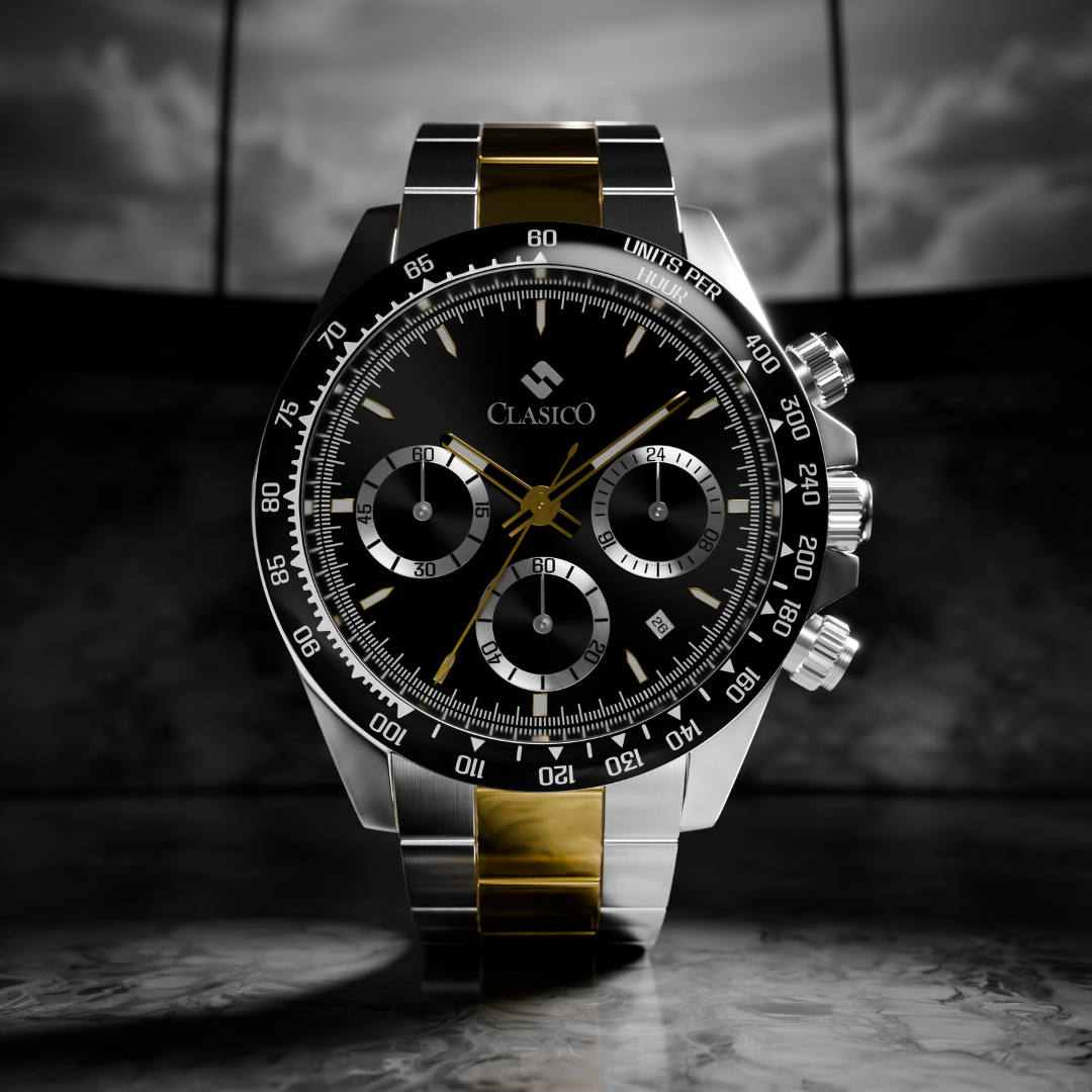 A moody, low-key presentation of the Clasicio Midnight Steel watch set against a deep black textured background, highlighting its metallic sheen.