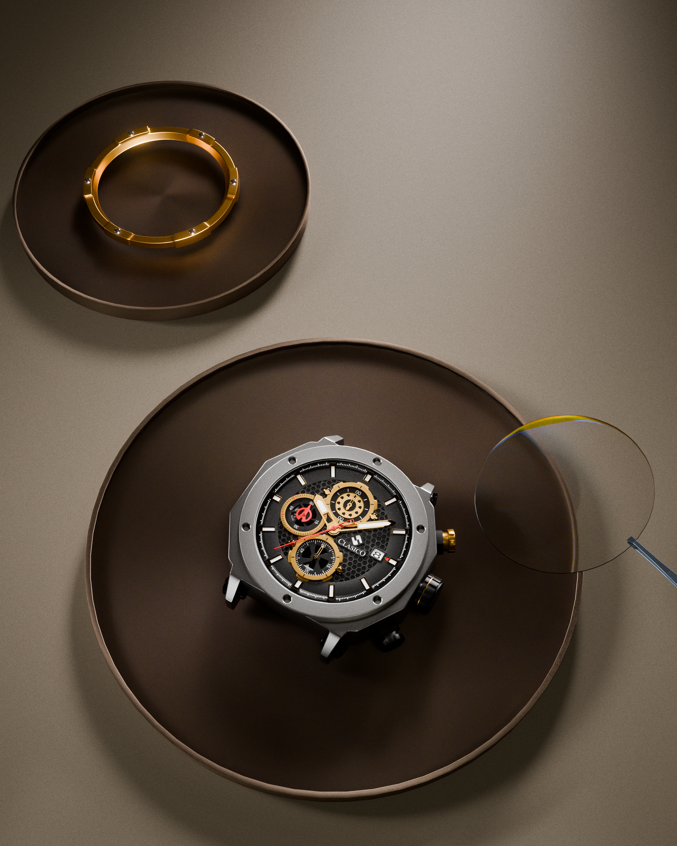 A premium product showcase of the Clasicio Vortex Gold watch set against a deep black background, highlighting the polished two-tone gold and silver finish.