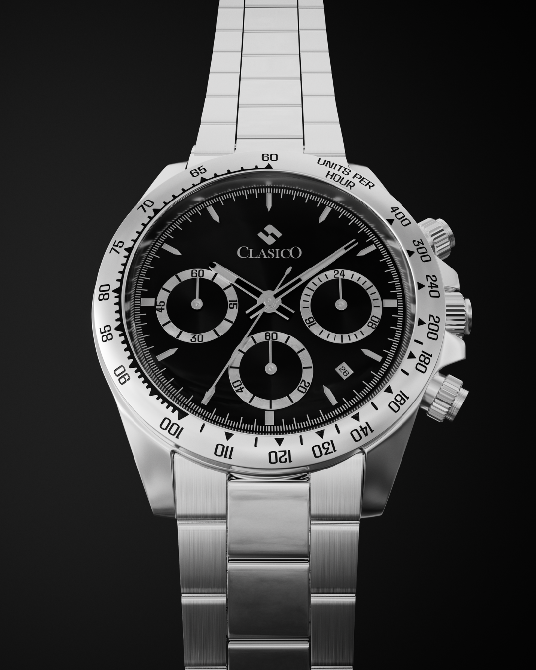 A professional product photoshoot of the Clasicio Chrono Shadow black dial watch displayed