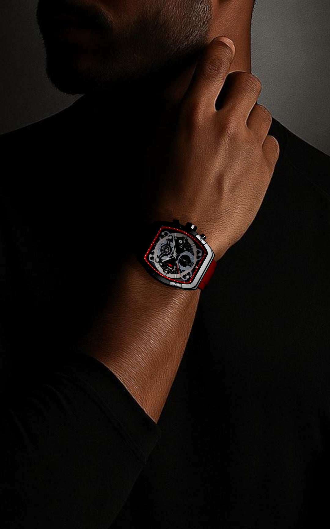 A sophisticated product showcase of the Clasicio Crimson Noire set against a deep black background to emphasize the vibrant red strap and carbon black dial.
