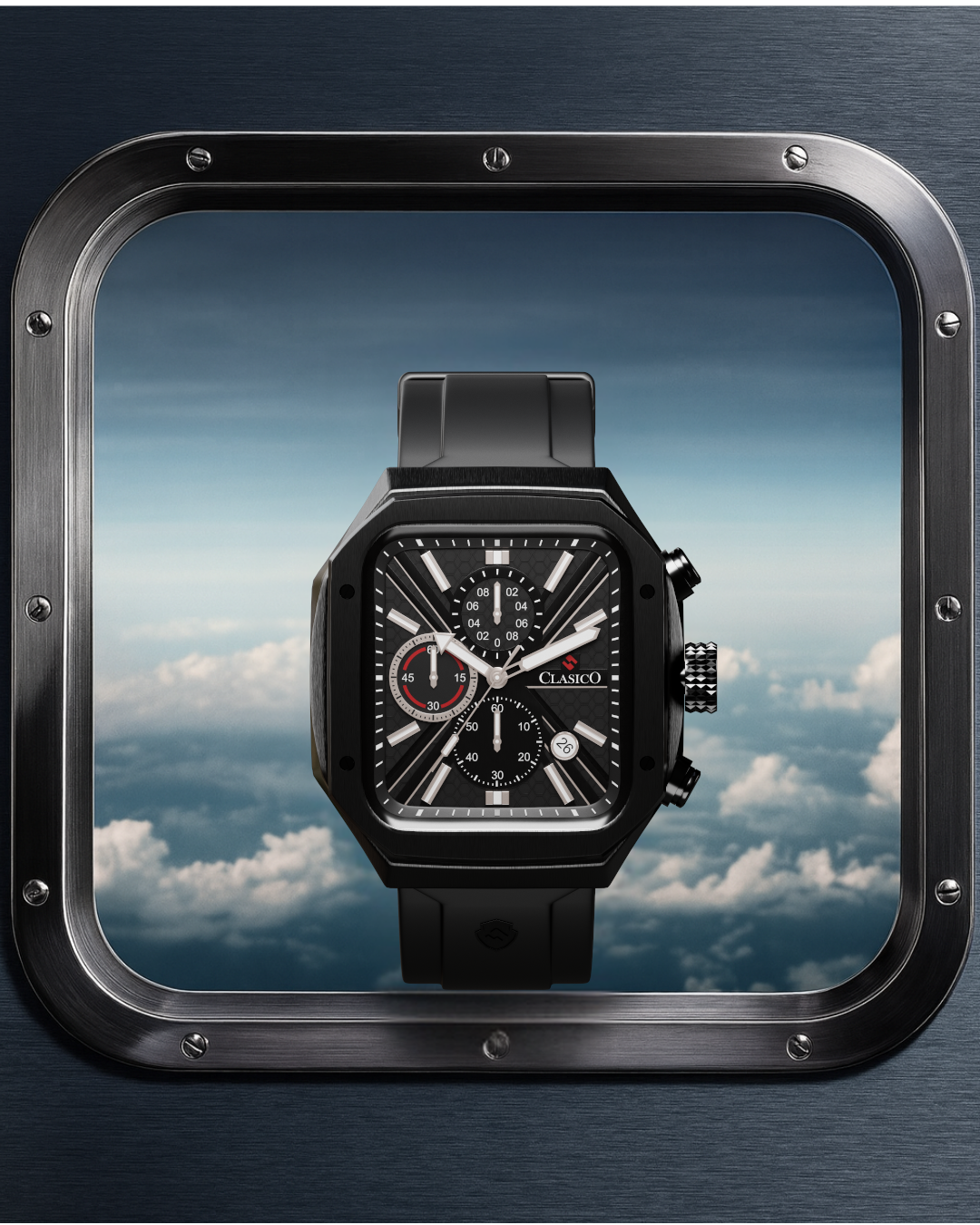 A sophisticated product showcase of the all-black square Clasicio Zypher watch set against a plain black background, emphasizing its monochromatic "stealth" aesthetic.