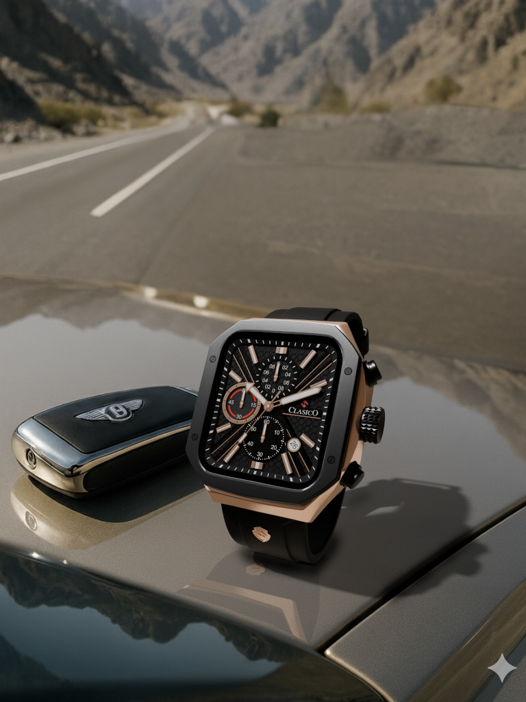 A sophisticated product showcase of the square Clasicio Zypher Gold watch set against a plain black background, emphasizing its luxury gold finish.