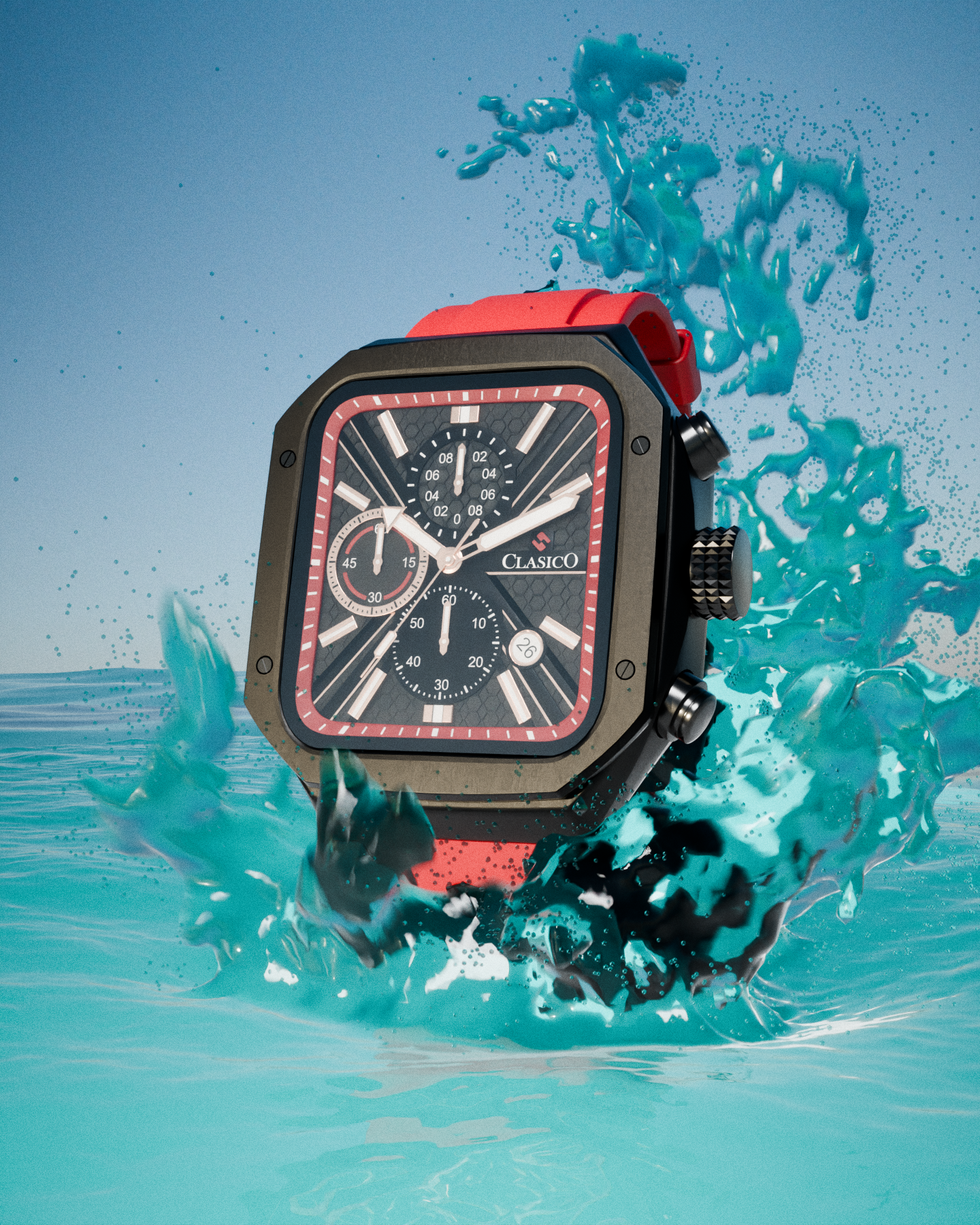 Action shot of the water-resistant Clasicio Zypher Red watch with a dramatic ocean water splash, highlighting its sophisticated waterproof design and durable silicone strap.