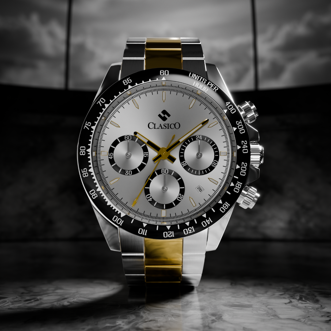 Clasicio Arctic Royale silver chronograph showcased on a sleek black ground for a high-end lifestyle aesthetic.