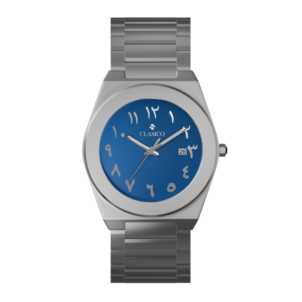 Clasicio Bahr watch featuring a vibrant blue dial with silver Arabic numerals and a premium silver stainless steel band.