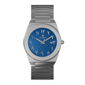 Clasicio Bahr watch featuring a vibrant blue dial with silver Arabic numerals and a premium silver stainless steel band.