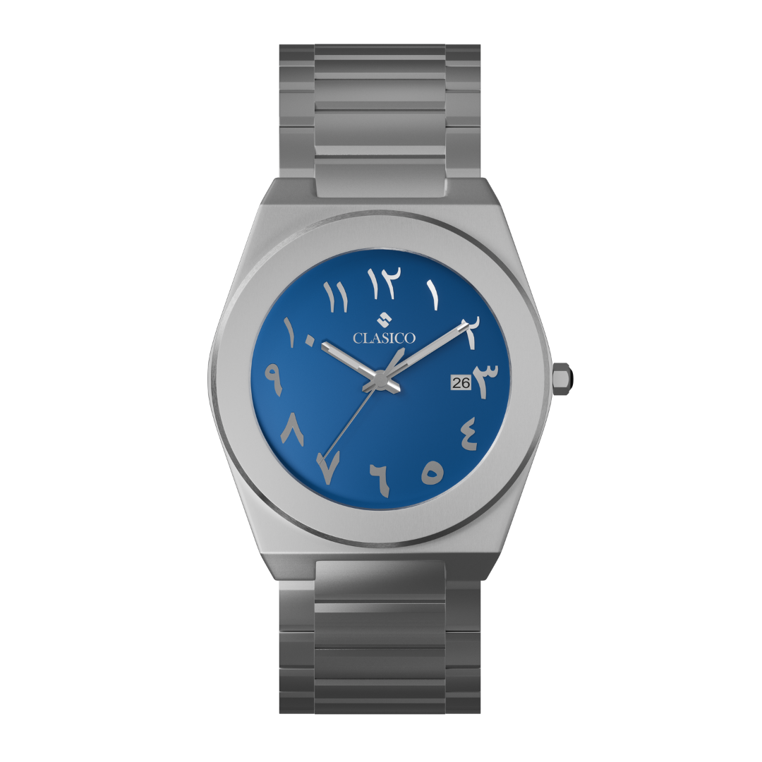 Clasicio Bahr watch featuring a vibrant blue dial with silver Arabic numerals and a premium silver stainless steel band.