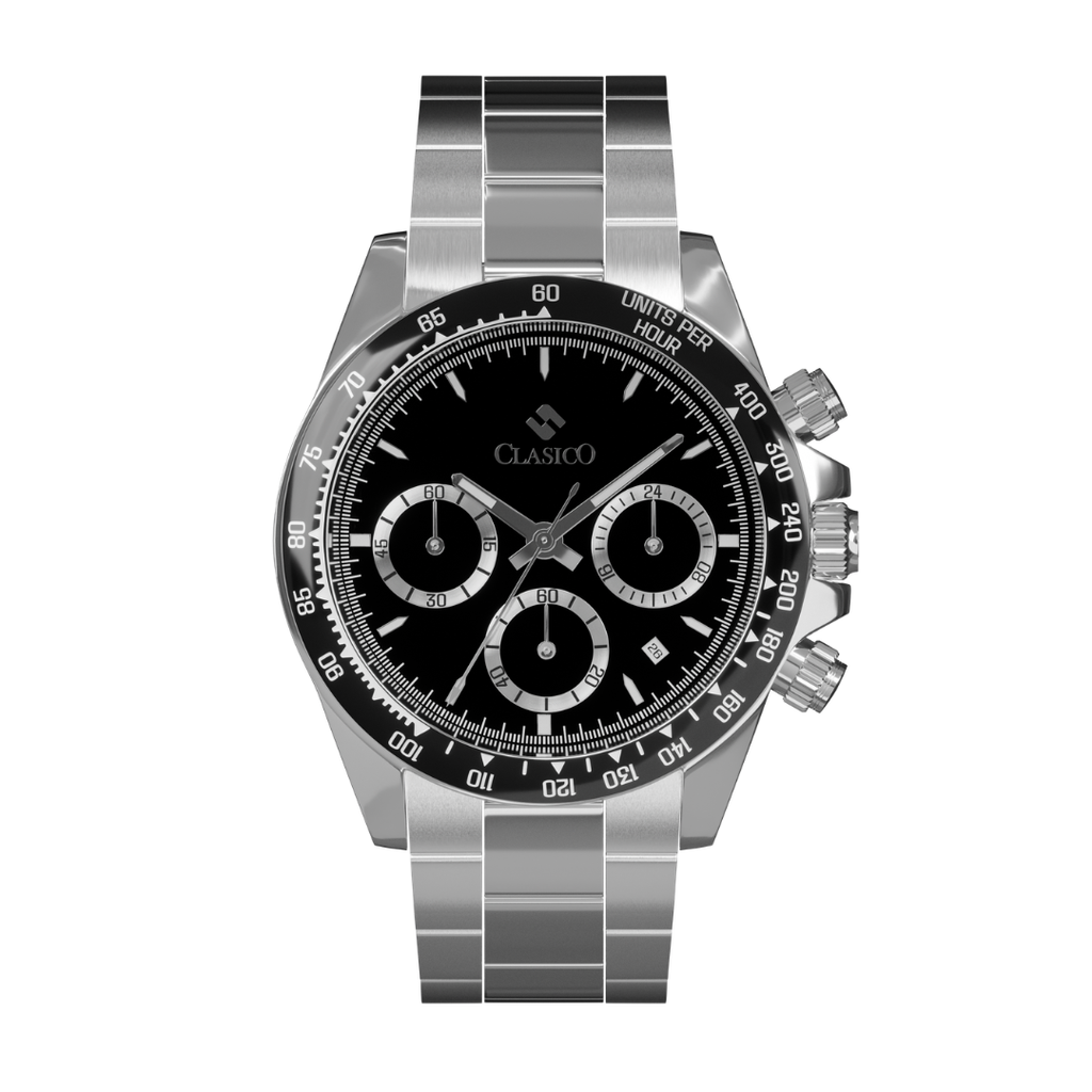 Clasicio Black Axis chronograph watch with silver stainless steel band and black dial, Astronova Collection.
