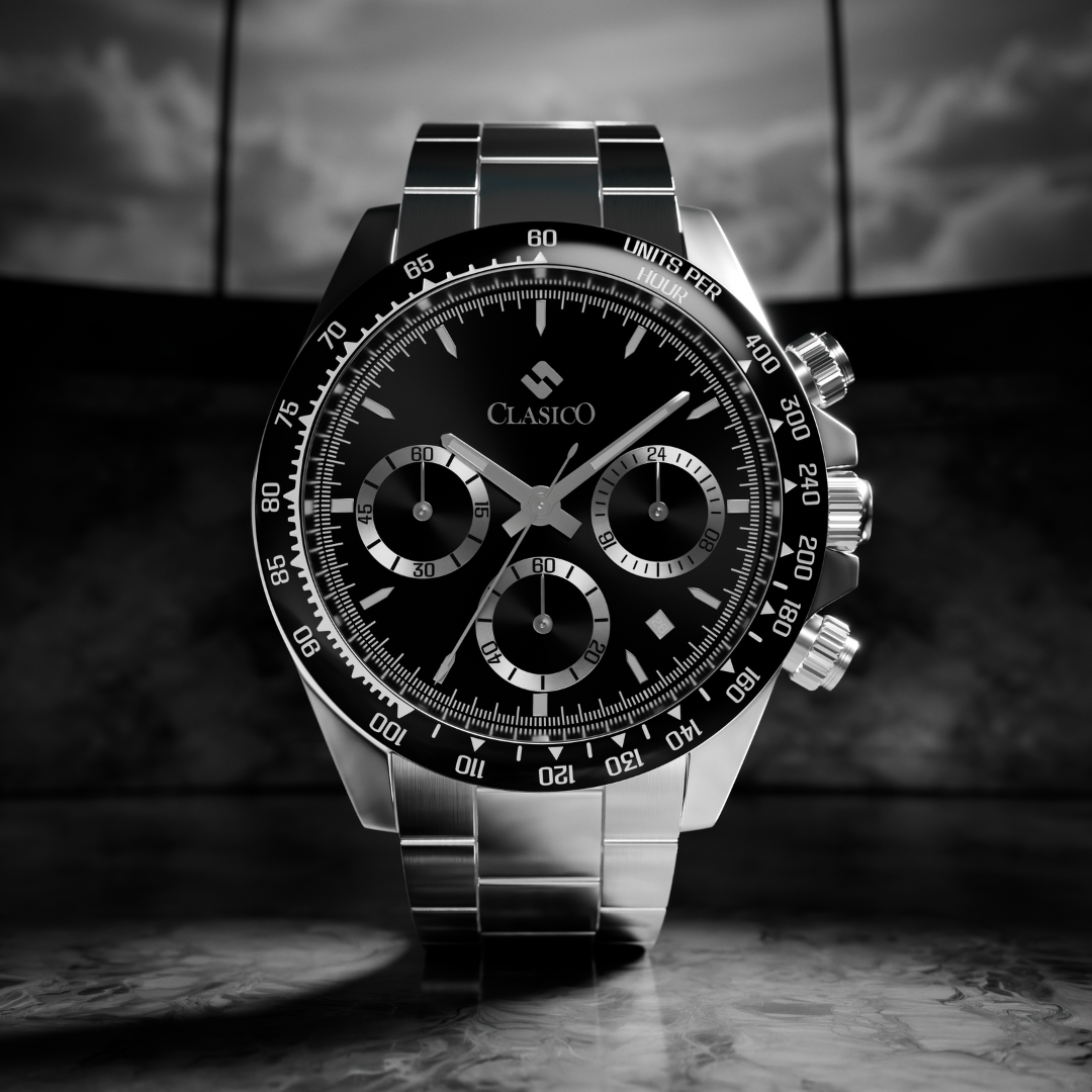 Clasicio Black Axis silver chronograph watch showcased on a sleek black ground, emphasizing the Astronova Collection’s premium design.
