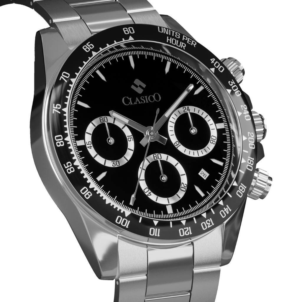 Clasicio Black Axis water-proof silver watch with a durable stainless steel finish and tachymeter bezel.