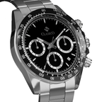 Clasicio Black Axis water-proof silver watch with a durable stainless steel finish and tachymeter bezel.
