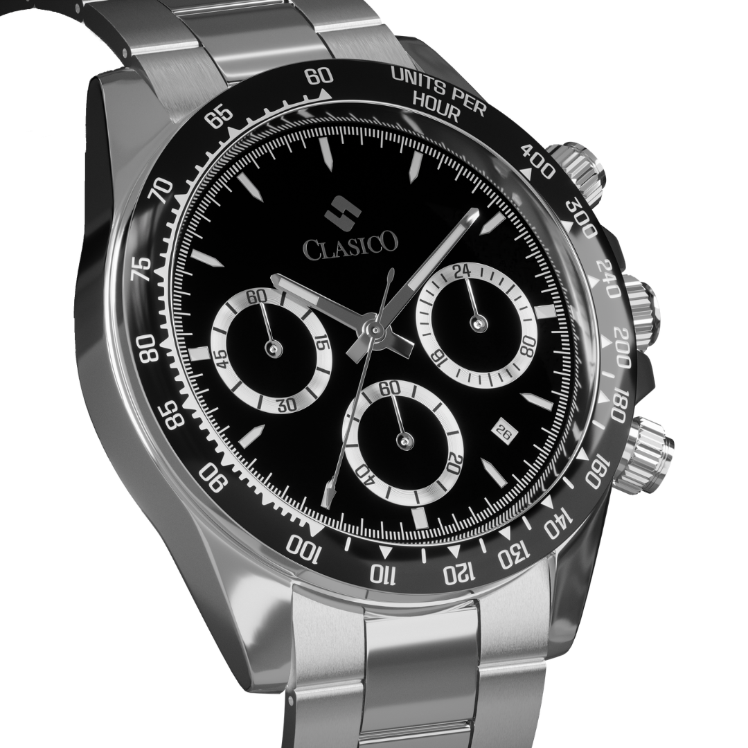 Clasicio Black Axis water-proof silver watch with a durable stainless steel finish and tachymeter bezel.