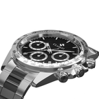 Clasicio Chrono Shadow men's chronograph, black dial with silver outer ring, and premium waterproof stainless steel bracelet.