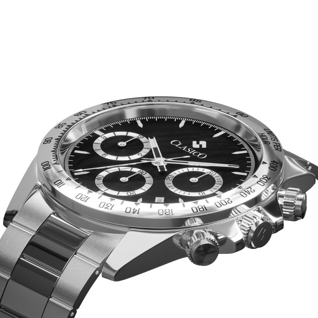 Clasicio Chrono Shadow men's chronograph, black dial with silver outer ring, and premium waterproof stainless steel bracelet.