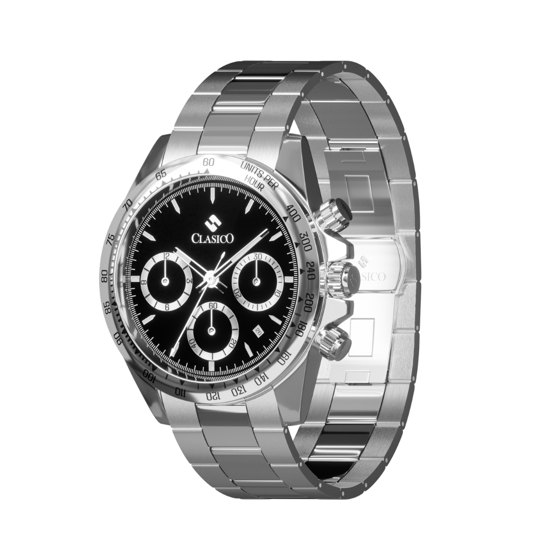 Clasicio Chrono Shadow stopwatch timepiece with Elite Y121 caliber movement and waterproof stainless steel design.
