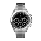 Clasicio Chrono Shadow watch from the Astronova Collection, 3-subdial black dial, stainless steel case, and Elite Y121 chronograph movement.