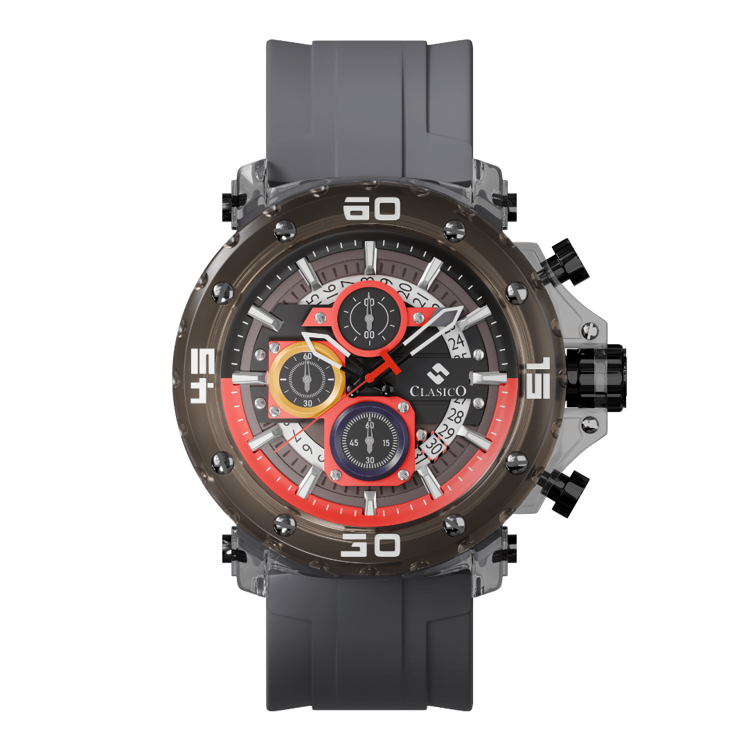 Clasicio Circuit Breaker chronograph watch from the Obsidian Drive Astronova Collection, featuring a complex black and red multi-dial face.