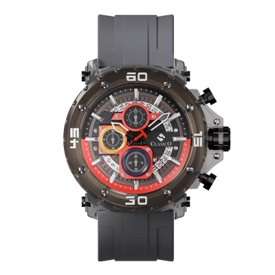 Clasicio Circuit Breaker chronograph watch from the Obsidian Drive Astronova Collection, featuring a complex black and red multi-dial face.