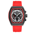 Clasicio Crimson Noire luxury watch featuring a bold carbon black square face with crimson red accents and a premium red silicone strap.