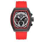 Clasicio Crimson Noire luxury watch featuring a bold carbon black square face with crimson red accents and a premium red silicone strap.