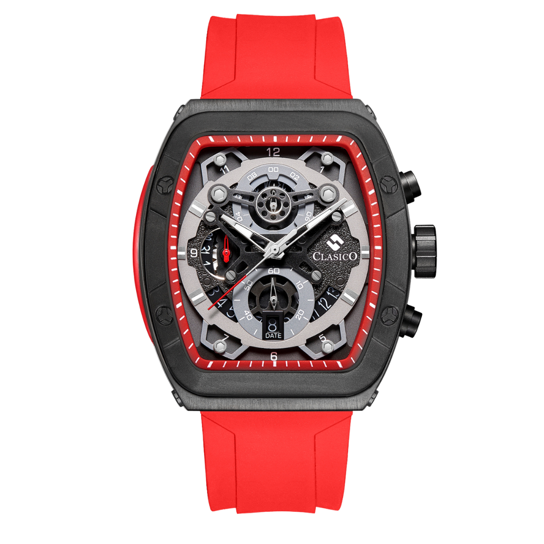 Clasicio Crimson Noire luxury watch featuring a bold carbon black square face with crimson red accents and a premium red silicone strap.