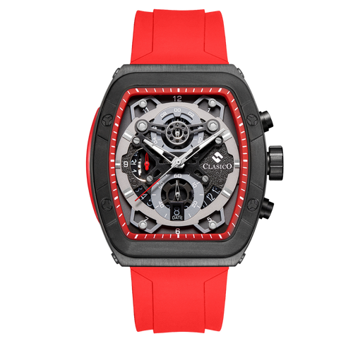 Clasicio Crimson Noire luxury watch featuring a bold carbon black square face with crimson red accents and a premium red silicone strap.