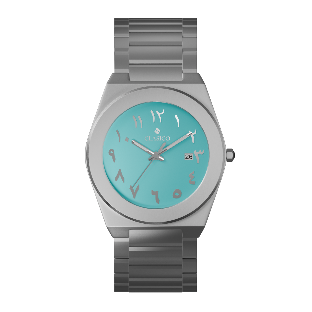 Clasicio Fayrouz watch featuring a turquoise dial with silver Arabic numerals and a silver stainless steel band.