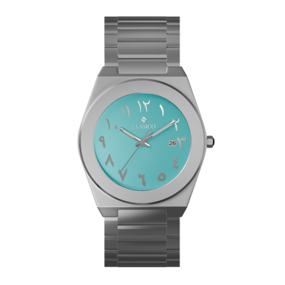 Clasicio Fayrouz watch featuring a turquoise dial with silver Arabic numerals and a silver stainless steel band.