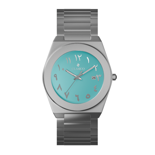 Clasicio Fayrouz watch featuring a turquoise dial with silver Arabic numerals and a silver stainless steel band.