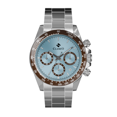 Clasicio Frost Chrono watch featuring a Tiffany blue dial and chocolate brown outer ring, Astronova Collection.