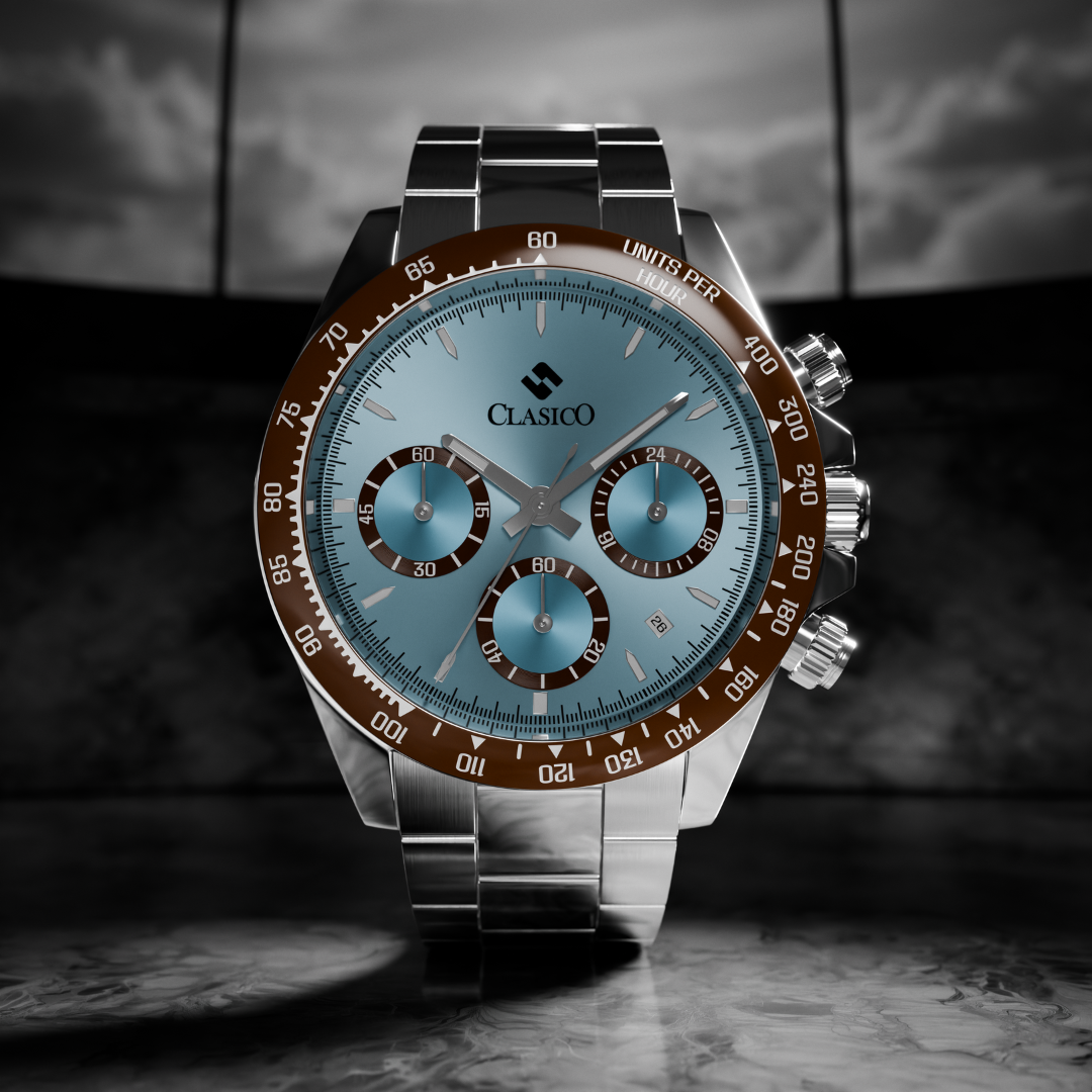 Clasicio Frost Chrono with Tiffany blue dial showcased on a sleek black ground for a premium lifestyle aesthetic.
