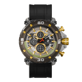 Clasicio Grand Prix Gold chronograph watch from the Obsidian Drive Astronova Collection featuring a 42mm multi-dial face with gold and green accents.