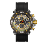 Clasicio Grand Prix Gold chronograph watch from the Obsidian Drive Astronova Collection featuring a 42mm multi-dial face with gold and green accents.