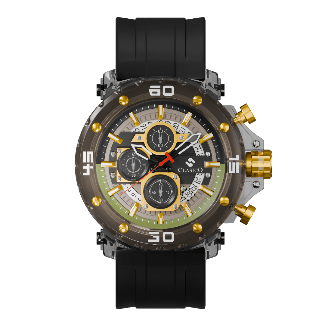 Clasicio Grand Prix Gold chronograph watch from the Obsidian Drive Astronova Collection featuring a 42mm multi-dial face with gold and green accents.