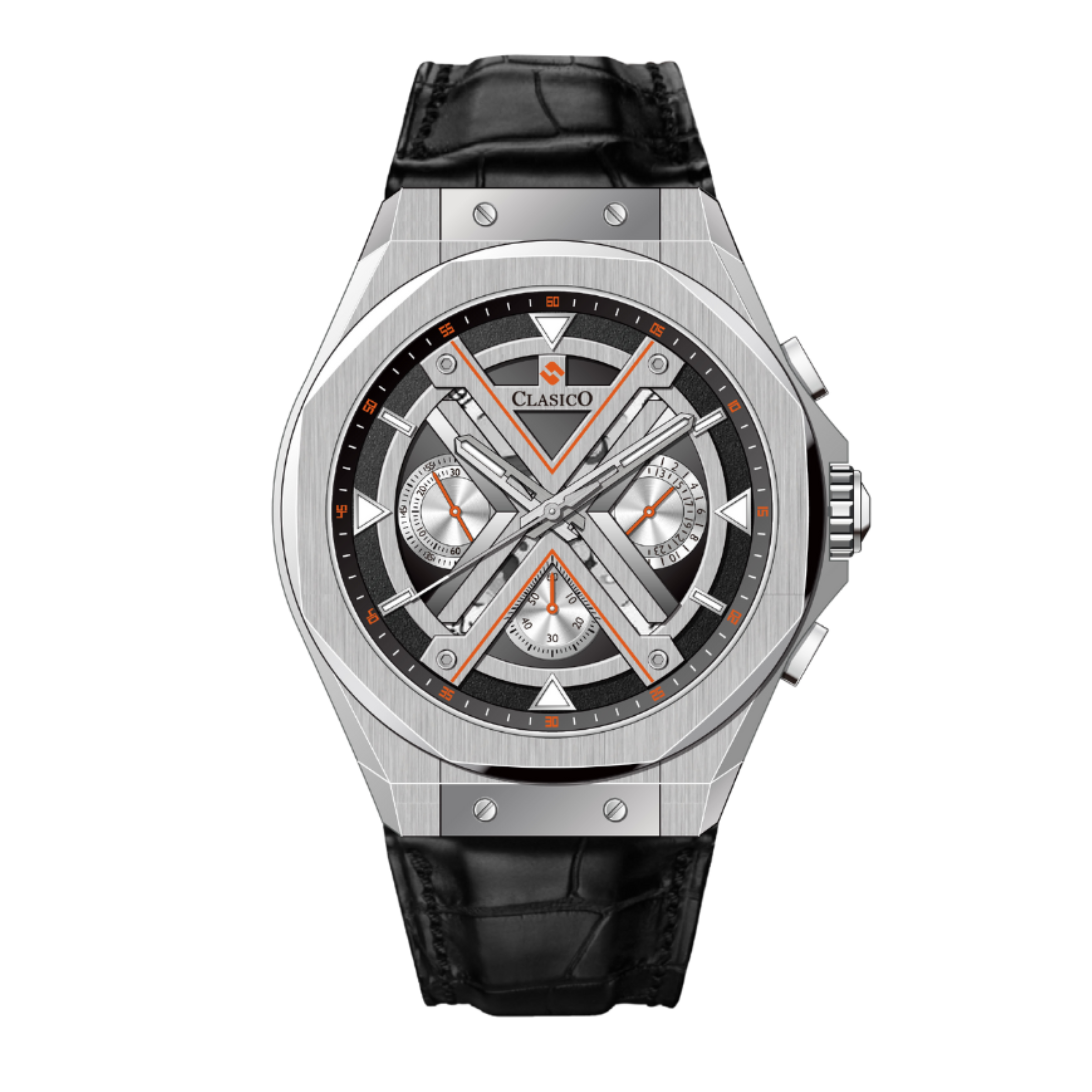 Clasicio Grandeur Dominion luxury watch featuring a bold black 42mm case with gold-tone accents and a sophisticated multi-dial face.