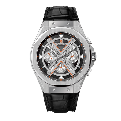 Clasicio Grandeur Dominion luxury watch featuring a bold black 42mm case with gold-tone accents and a sophisticated multi-dial face.