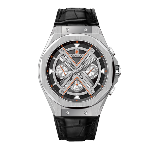 Clasicio Grandeur Dominion luxury watch featuring a bold black 42mm case with gold-tone accents and a sophisticated multi-dial face.