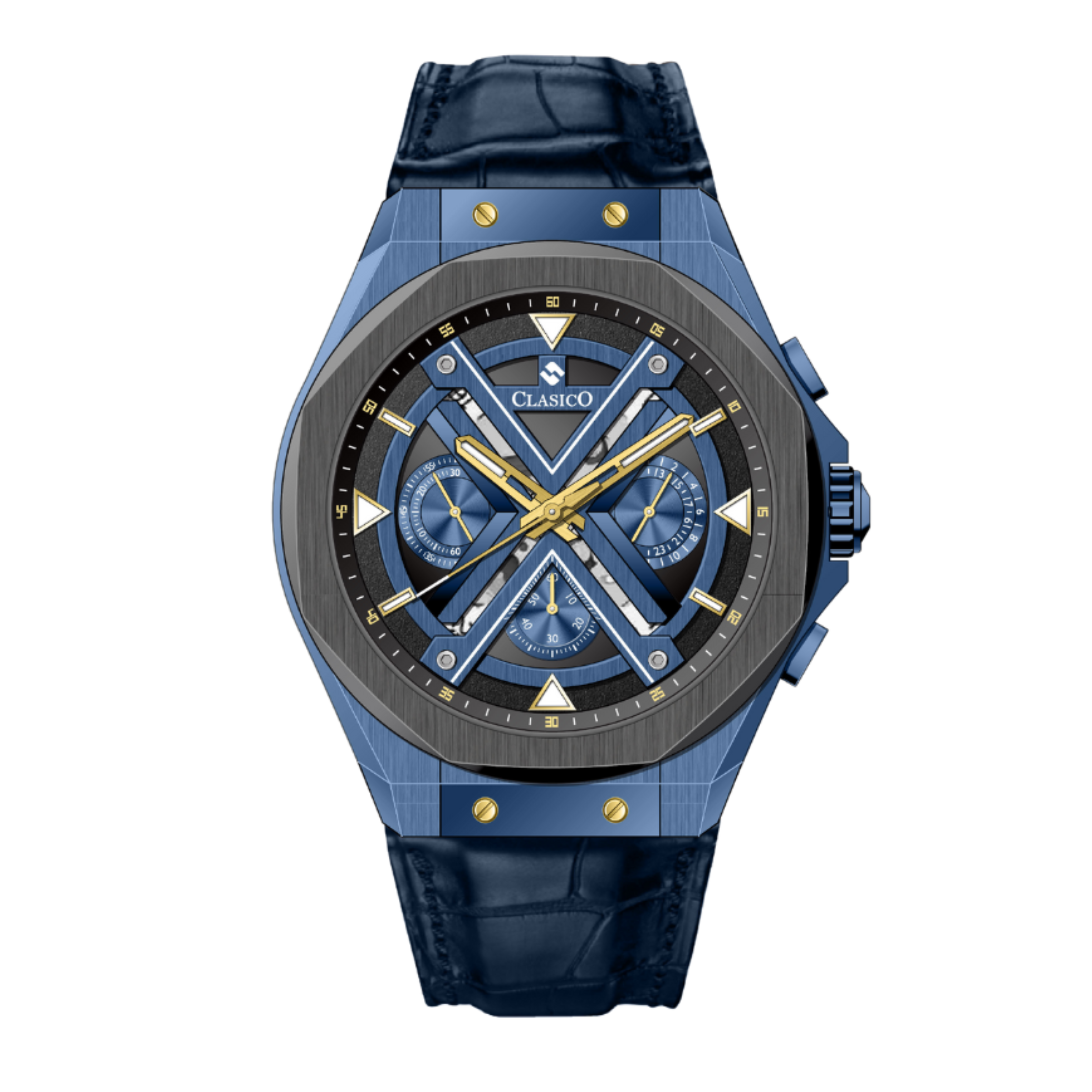 Clasicio Grandeur Imperium luxury watch featuring a 42mm royal blue case with gold accents and a sophisticated multi-dial face.