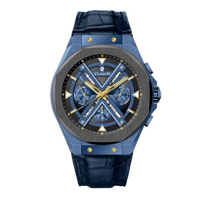Clasicio Grandeur Imperium luxury watch featuring a 42mm royal blue case with gold accents and a sophisticated multi-dial face.