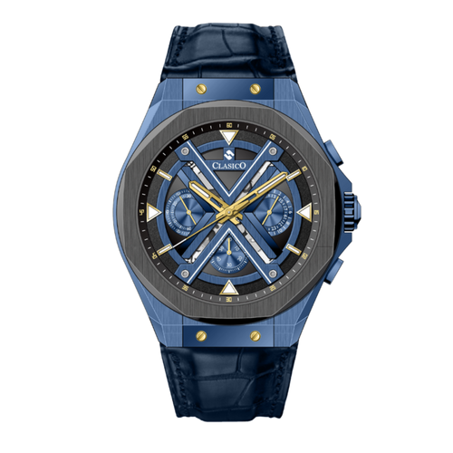Clasicio Grandeur Imperium luxury watch featuring a 42mm royal blue case with gold accents and a sophisticated multi-dial face.