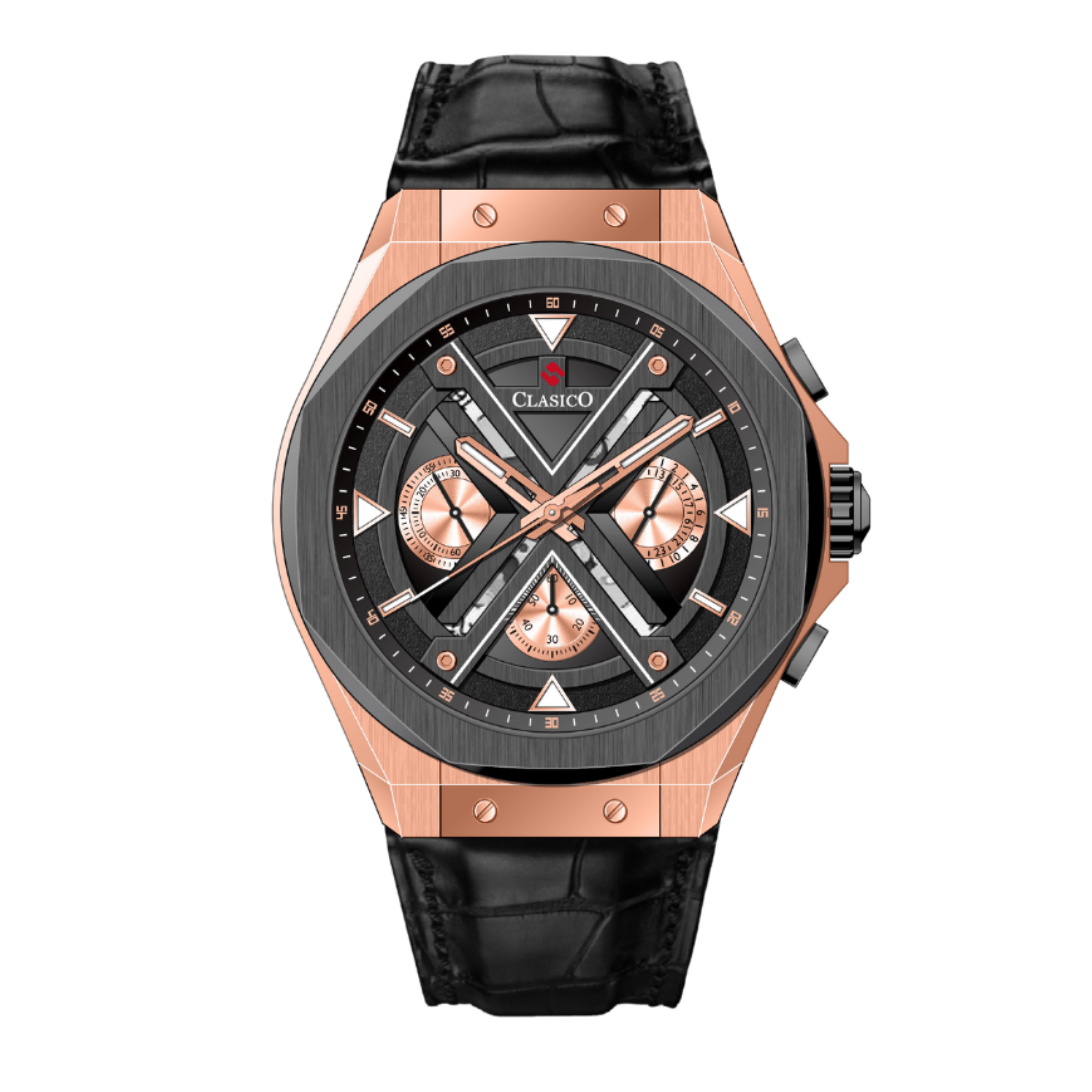 Clasicio Grandeur Majesty luxury watch featuring a 42mm rose gold and silver case with a sophisticated multi-dial face.