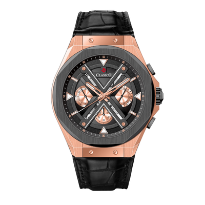 Clasicio Grandeur Majesty luxury watch featuring a 42mm rose gold and silver case with a sophisticated multi-dial face.