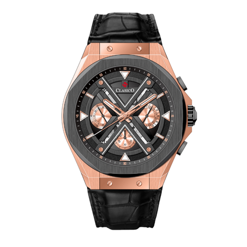 Clasicio Grandeur Majesty luxury watch featuring a 42mm rose gold and silver case with a sophisticated multi-dial face.