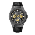 Clasicio Grandeur Monarch luxury watch featuring an all-black 42mm case with gold-tone movement accents and a sophisticated multi-dial face.