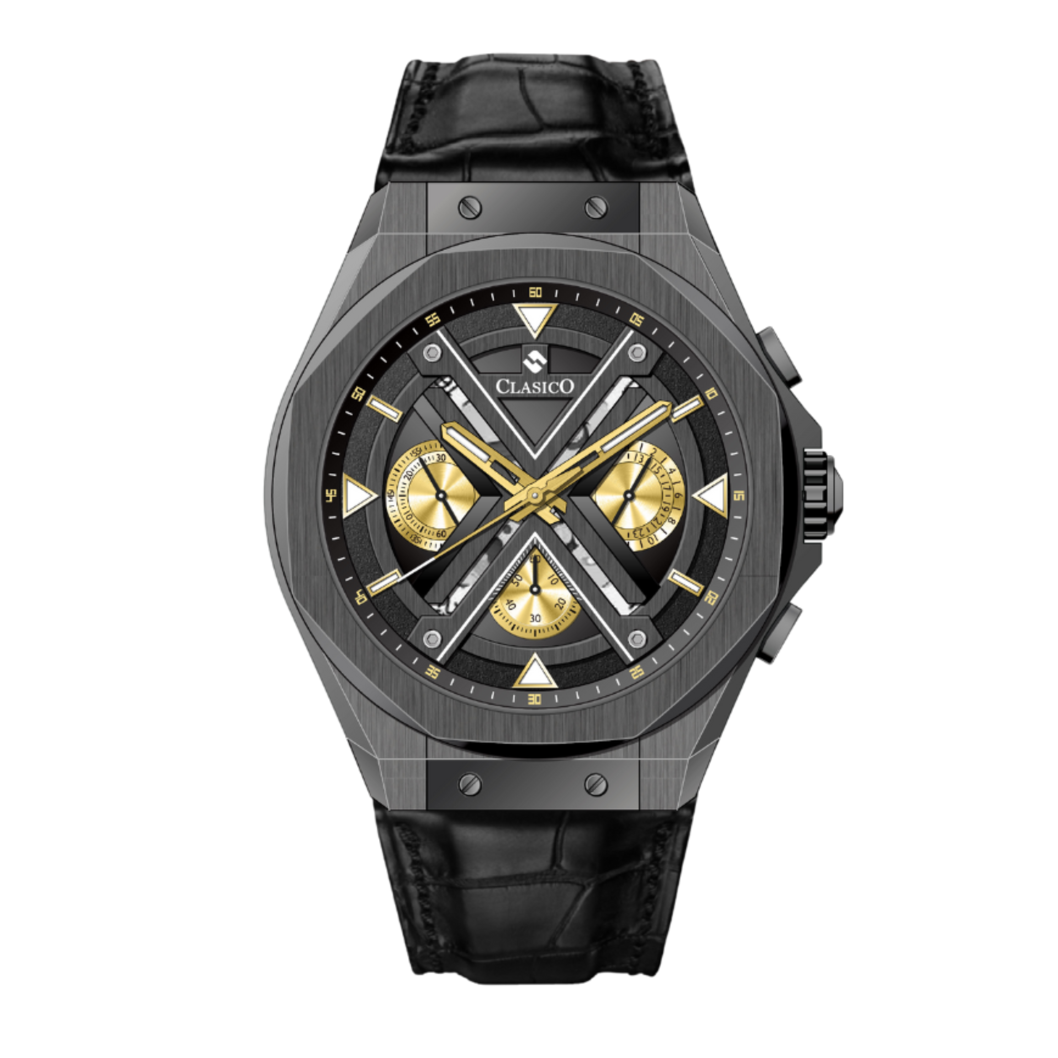 Clasicio Grandeur Monarch luxury watch featuring an all-black 42mm case with gold-tone movement accents and a sophisticated multi-dial face.