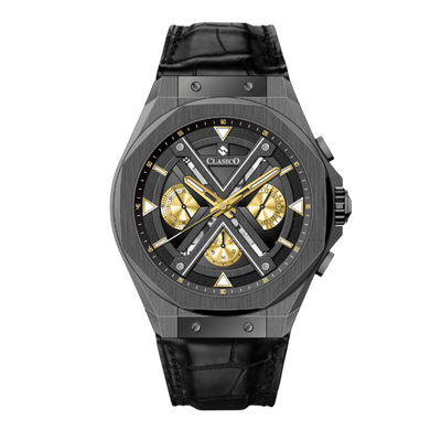Clasicio Grandeur Monarch luxury watch featuring an all-black 42mm case with gold-tone movement accents and a sophisticated multi-dial face.