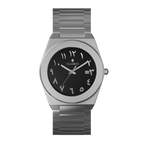 Clasicio Layl watch with a deep black dial, silver Arabic numerals, and a premium silver stainless steel integrated band.