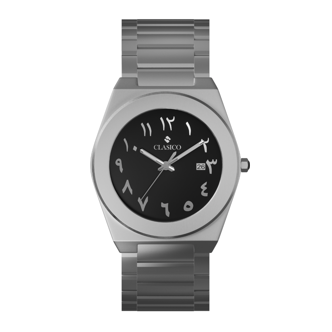 Clasicio Layl watch with a deep black dial, silver Arabic numerals, and a premium silver stainless steel integrated band.
